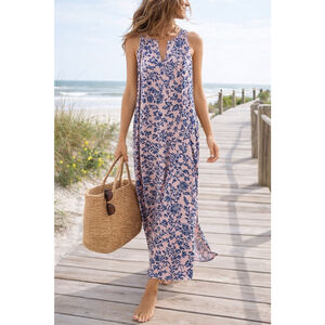 J. Jill Floral Maxi Dress Sleeveless Pink Blue Soft Stretch Boho Cottagecore Siz